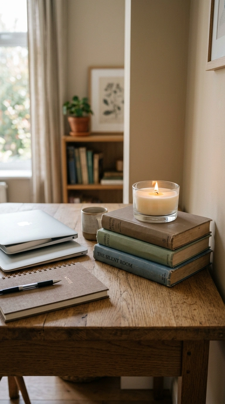 019 Candle And Books A small stack of three muted colo