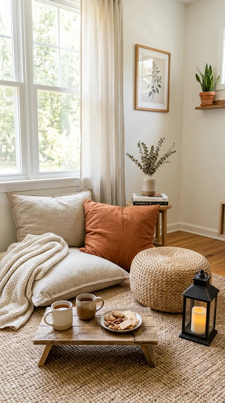 Cozy Fall Decor Ideas for Every Room (21 Picks) 20 019 Floor Cushion Seating A living room corner with tw