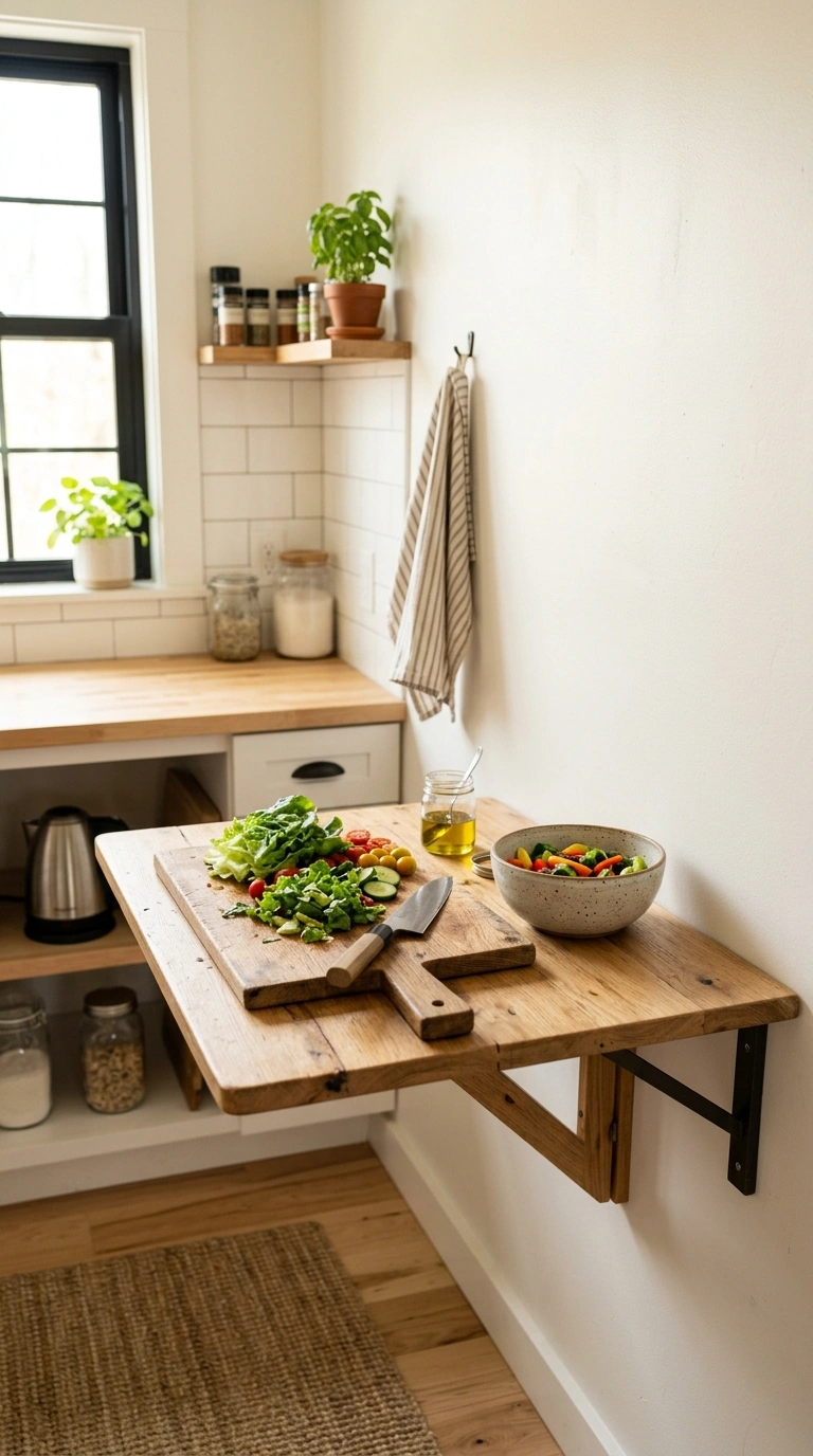 019 Fold Down Table A small kitchen wall with a wood f