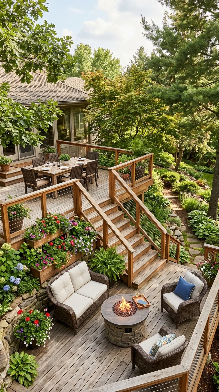 019 Multi Level Deck Seating A sloped backyard with a