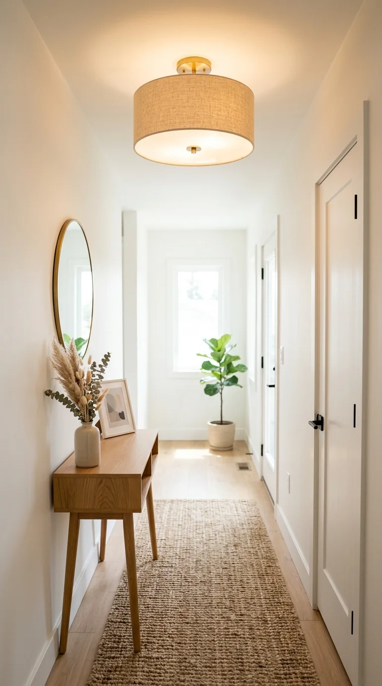 Your Tiny Hallway Deserves This Glow-Up: 20 Ideas to Try 20 019 Semi Flush Ceiling Light A narrow hallway with a r