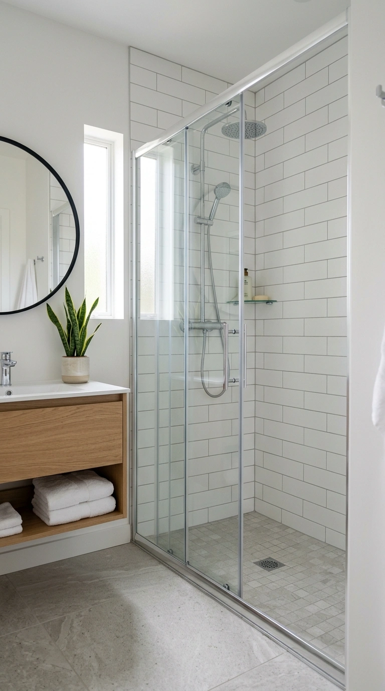 019 Sliding Glass Door A small shower enclosed with a