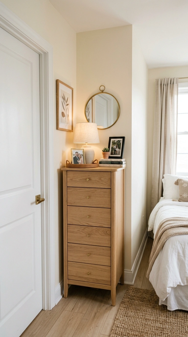 Small Bedroom, Big Style: 19 Layout Ideas 20 019 Slim Dresser Layout A small bedroom with a tall na