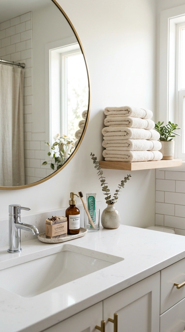 21 Easy Seasonal Updates for Anyone Decorating on a Budget 20 019 Style Bathroom Accents A white bathroom counter wi