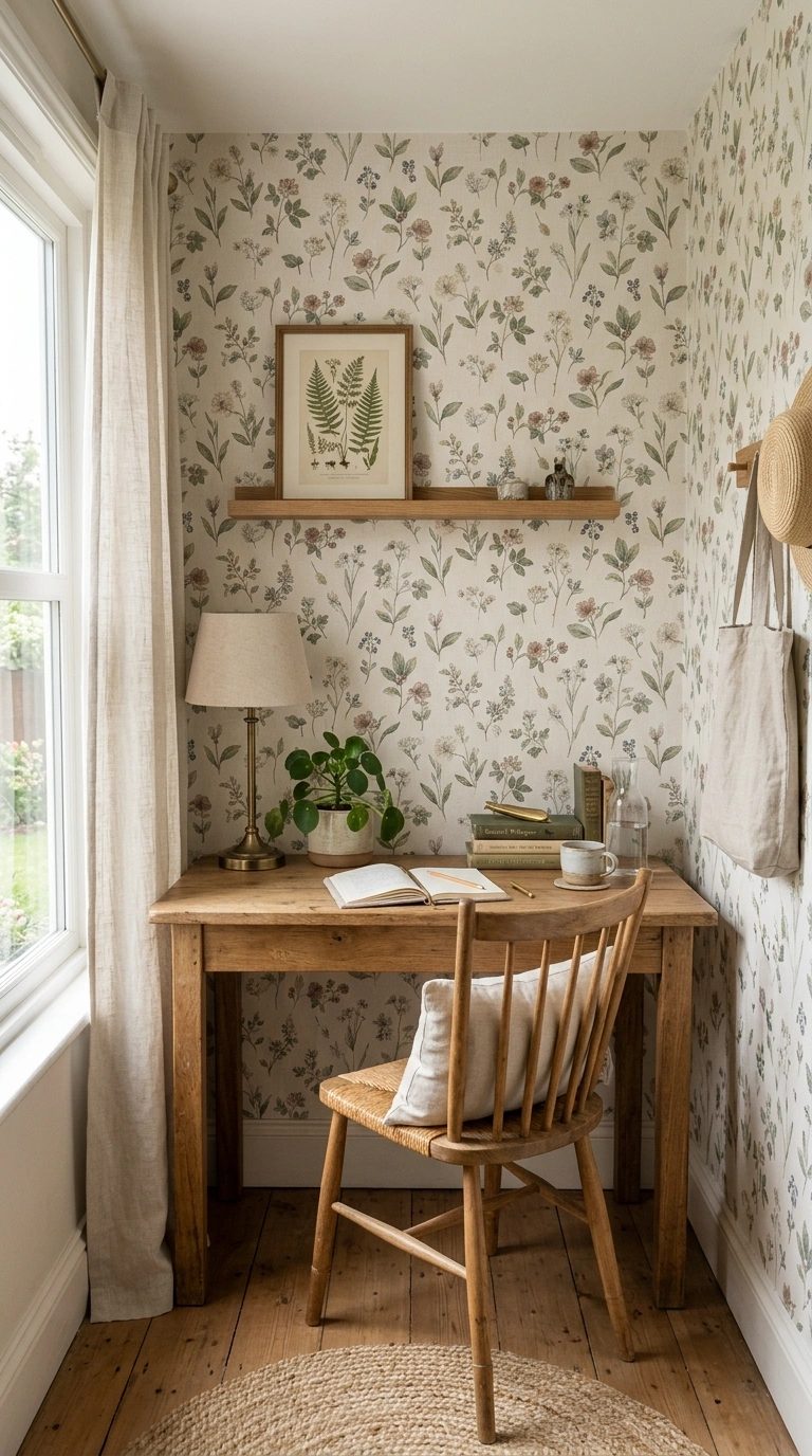 19 Classy Desk Setups That Make Small Workspaces Feel Special 20 019 Style a Wallpapered Nook A small desk set against