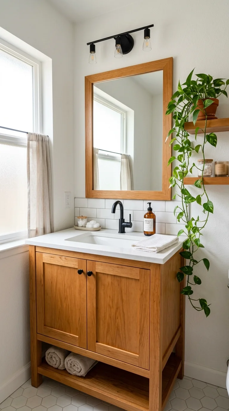 019 Warm Honey Wood Tones A bathroom with a honey wood