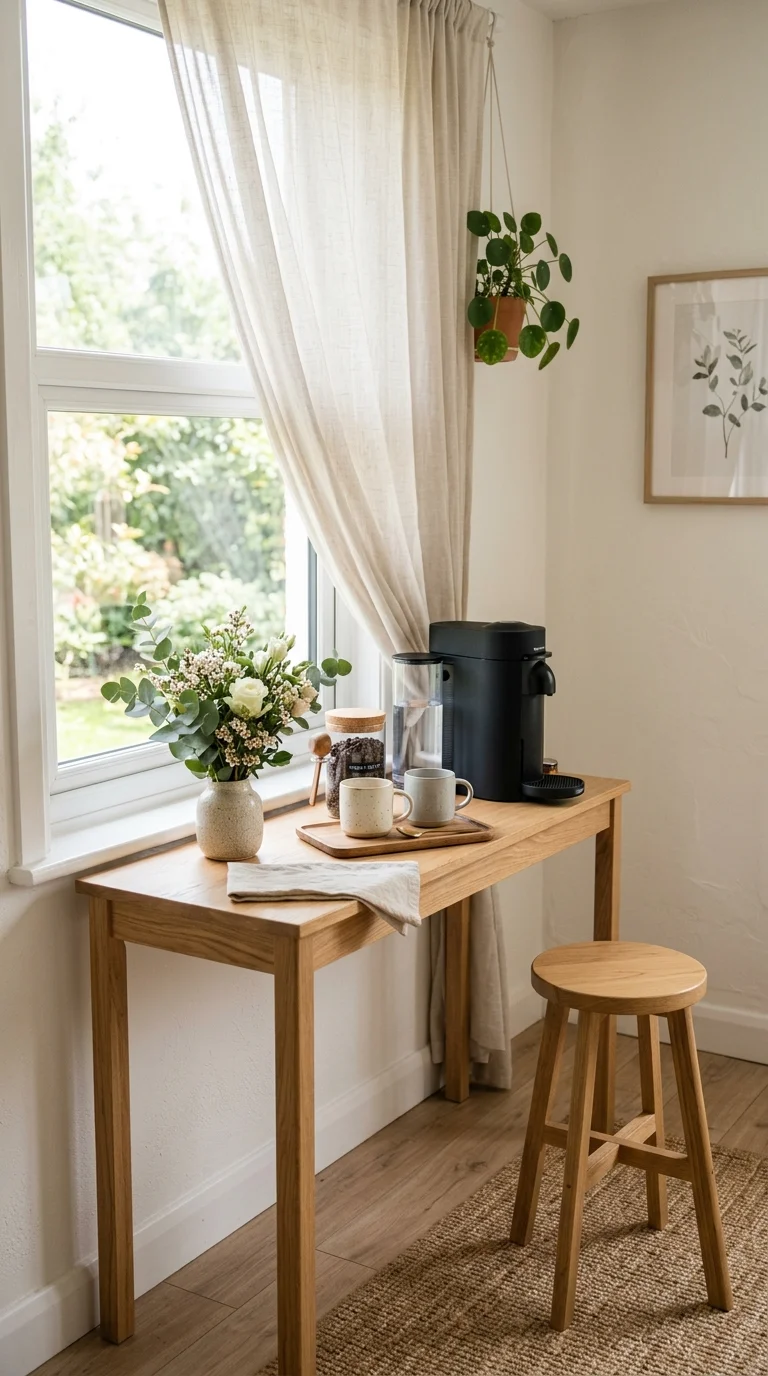 019 Window Coffee Nook A narrow table under a bright w