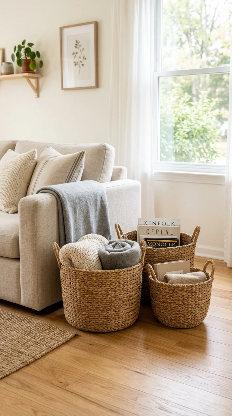 23 Budget Boho Living Rooms That Look Anything But Cheap 20 019 Woven Basket Storage Three woven seagrass baskets