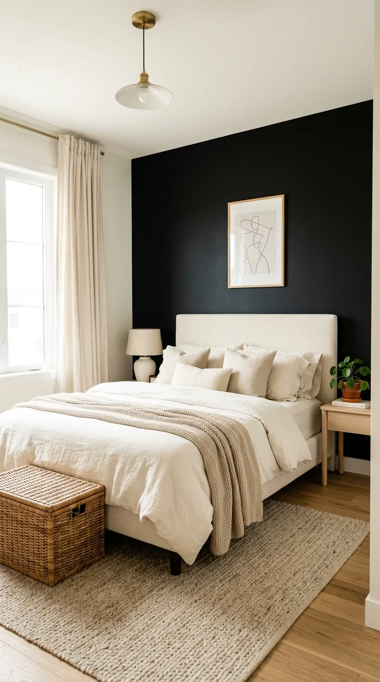 20 Hottest Black Accent Wall Ideas Taking Over Home Decor 21 020 Black Wall With Cream Decor A bright modern bedroo