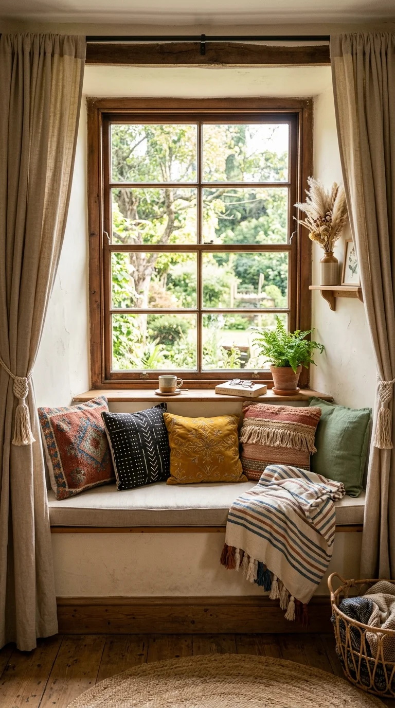 23 Budget Boho Living Rooms That Look Anything But Cheap 21 020 Boho Window Seat A cushioned window seat nook with