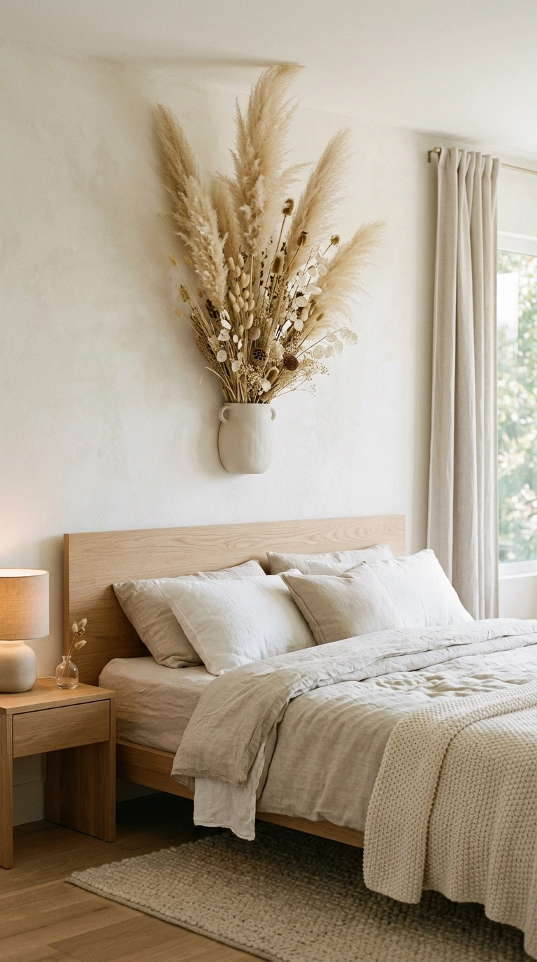 What to Put Above Your Bed: 20 Wall Decor Ideas 21 020 Dried Floral Arrangement A bed with a tall dried p