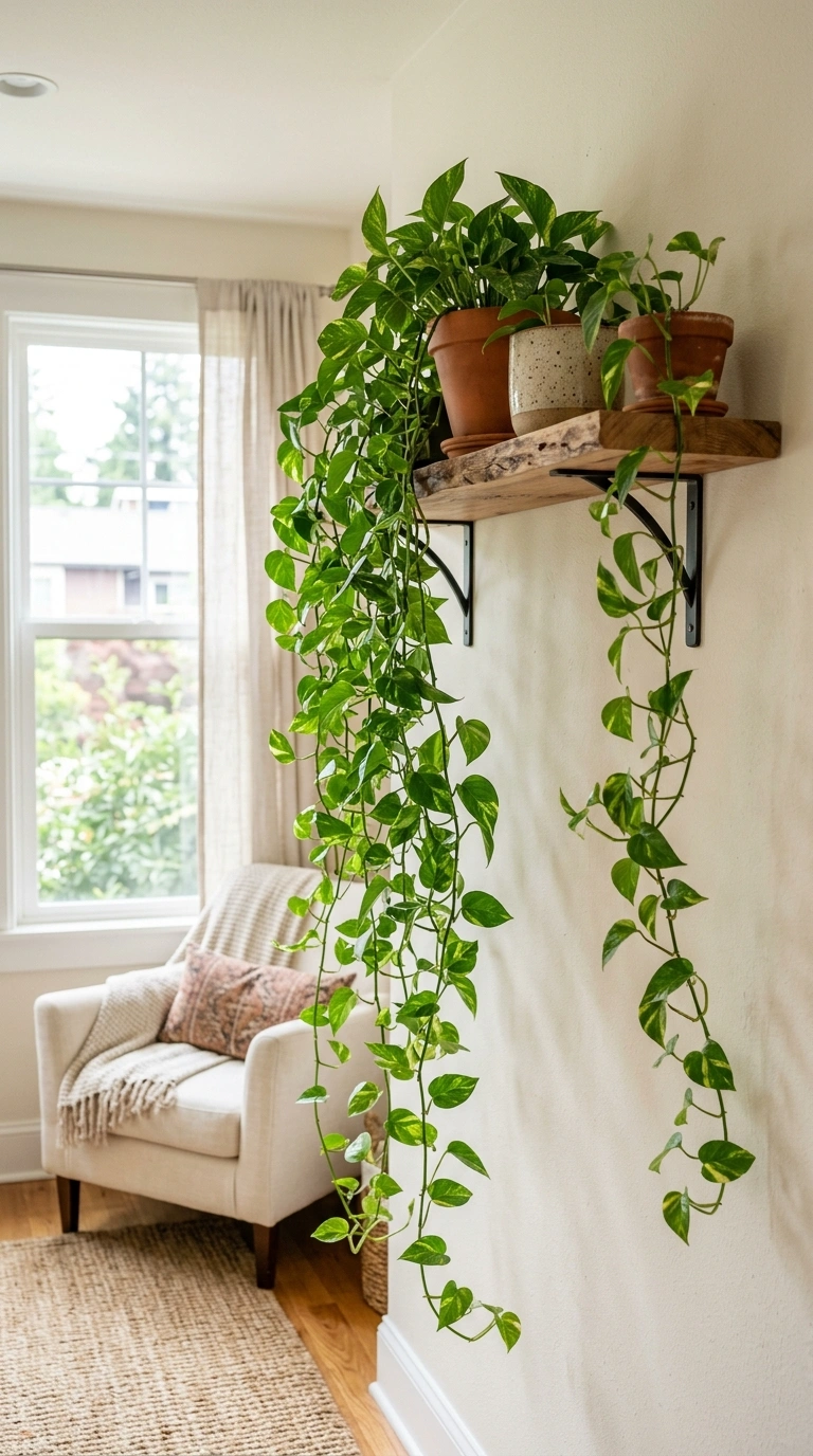 020 Hanging Plant Shelf A wood wall shelf near a windo