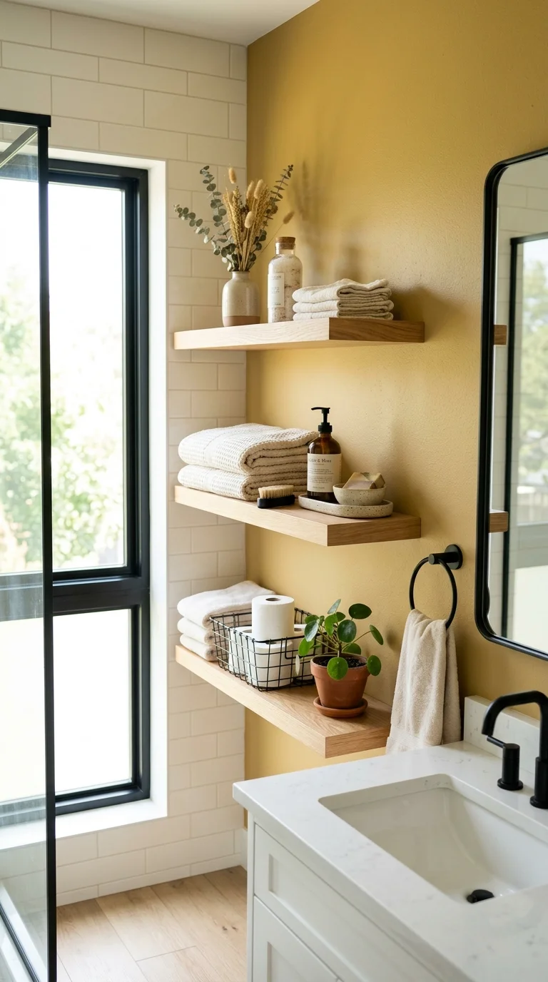 020 Muted Mustard Accent A bathroom with a mustard yel