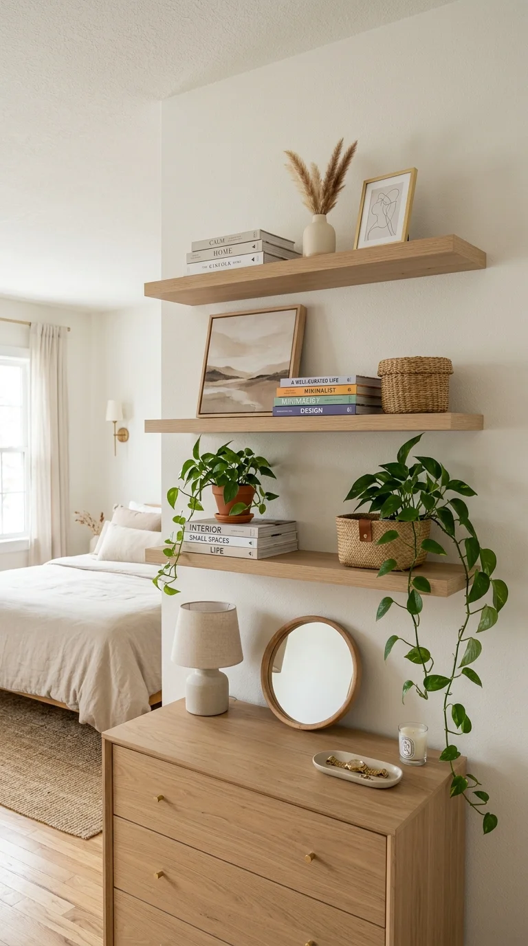 020 Open Shelf Styling A bedroom with three light wood