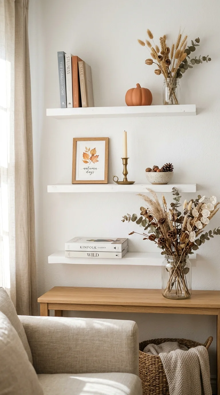 Cozy Fall Decor Ideas for Every Room (21 Picks) 21 020 Open Shelf Styling White wall shelves in a living