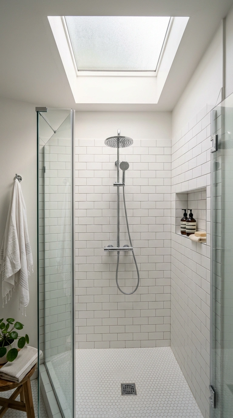 020 Skylight Above Shower A small shower with a froste