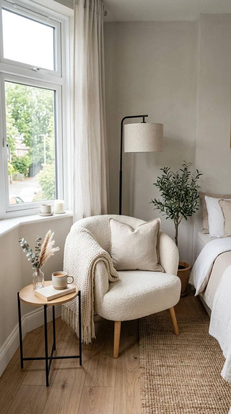 021 Boucle Accent Chair A corner of a bedroom with a c