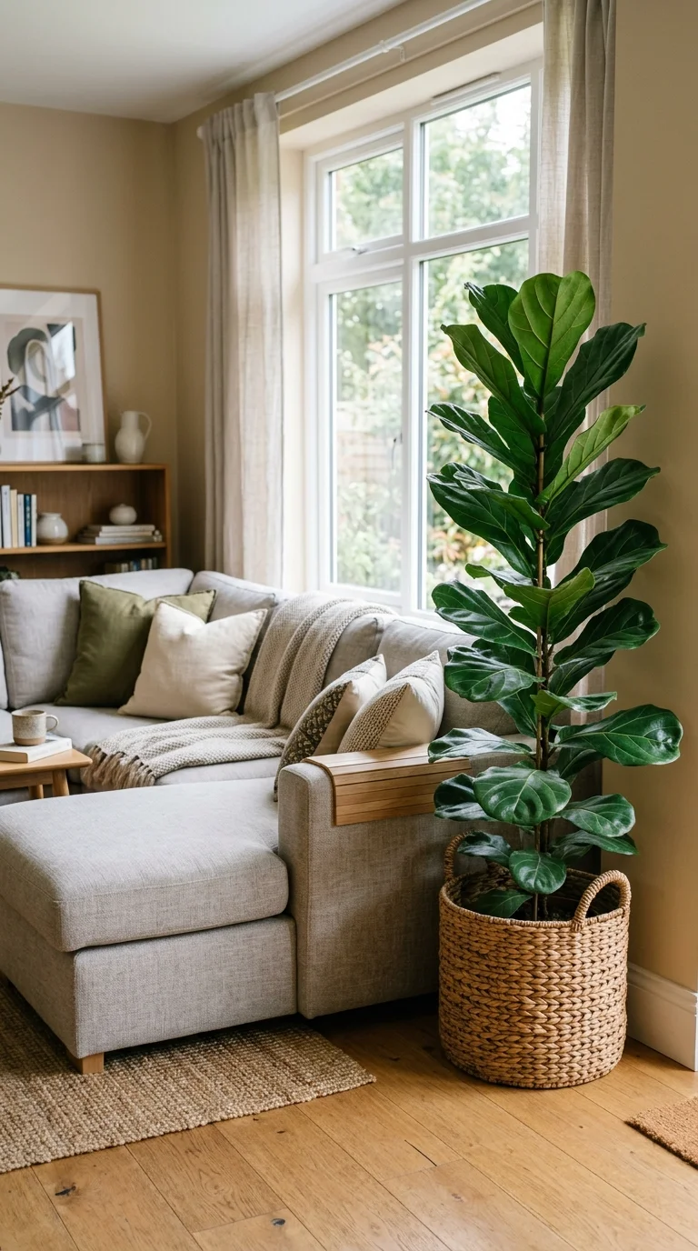 021 Corner Sofa Plant Corner A tall leafy plant in a w