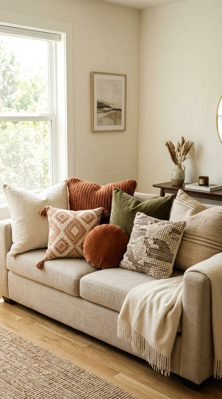23 Budget Boho Living Rooms That Look Anything But Cheap 22 021 Layered Throw Pillows A neutral sofa layered with