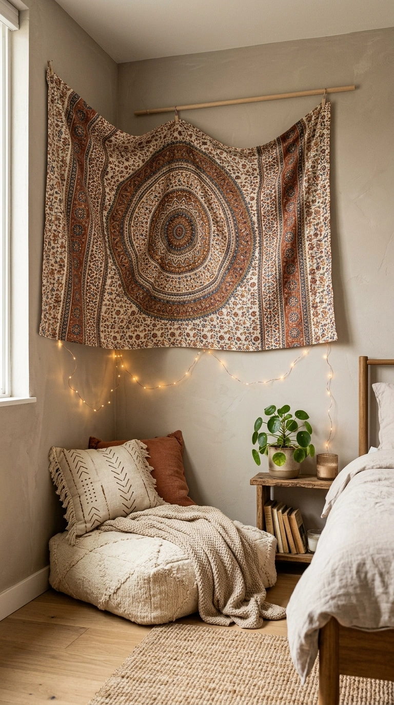 23 Cozy Bedroom Corner Ideas You'll Love 22 021 Tapestry Wall Corner A bedroom corner with a large