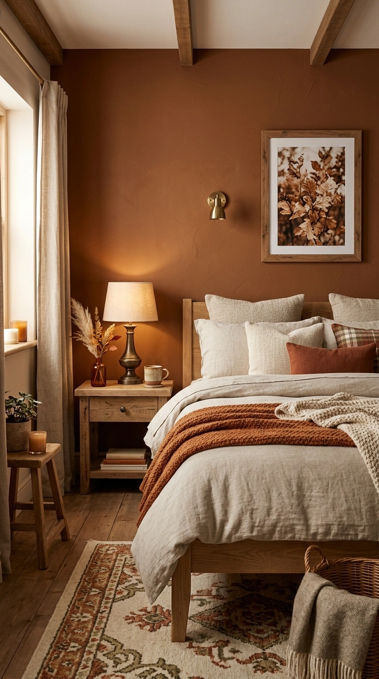 021 Warm Cinnamon Brown A bedroom with warm cinnamon b