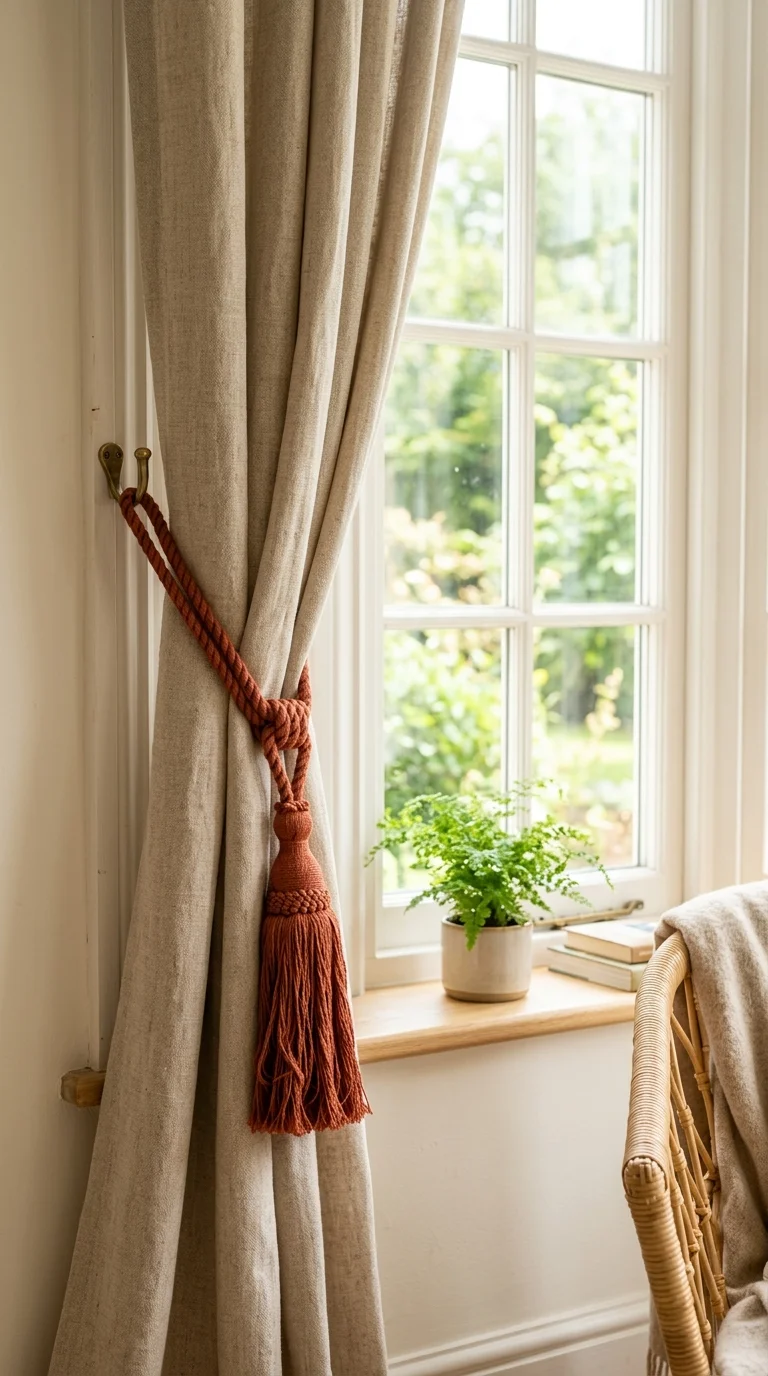 23 Budget Boho Living Rooms That Look Anything But Cheap 23 022 Tassel Curtain Tiebacks A linen curtain tied back