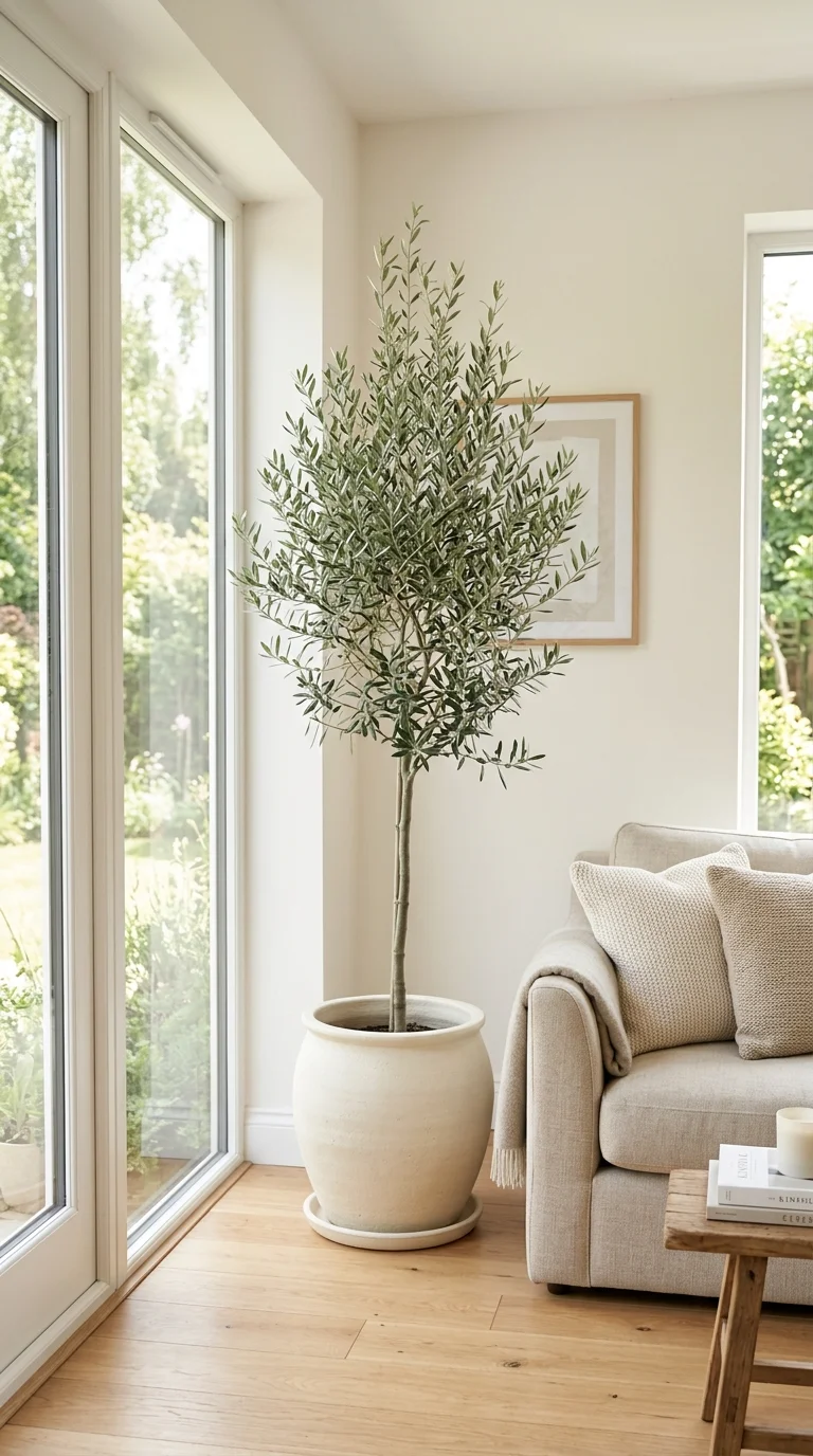 023 Oversized Floor Plants A tall olive tree in a larg