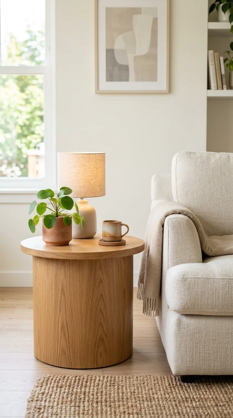 025 Round Wood Side Table A round oak side table besid