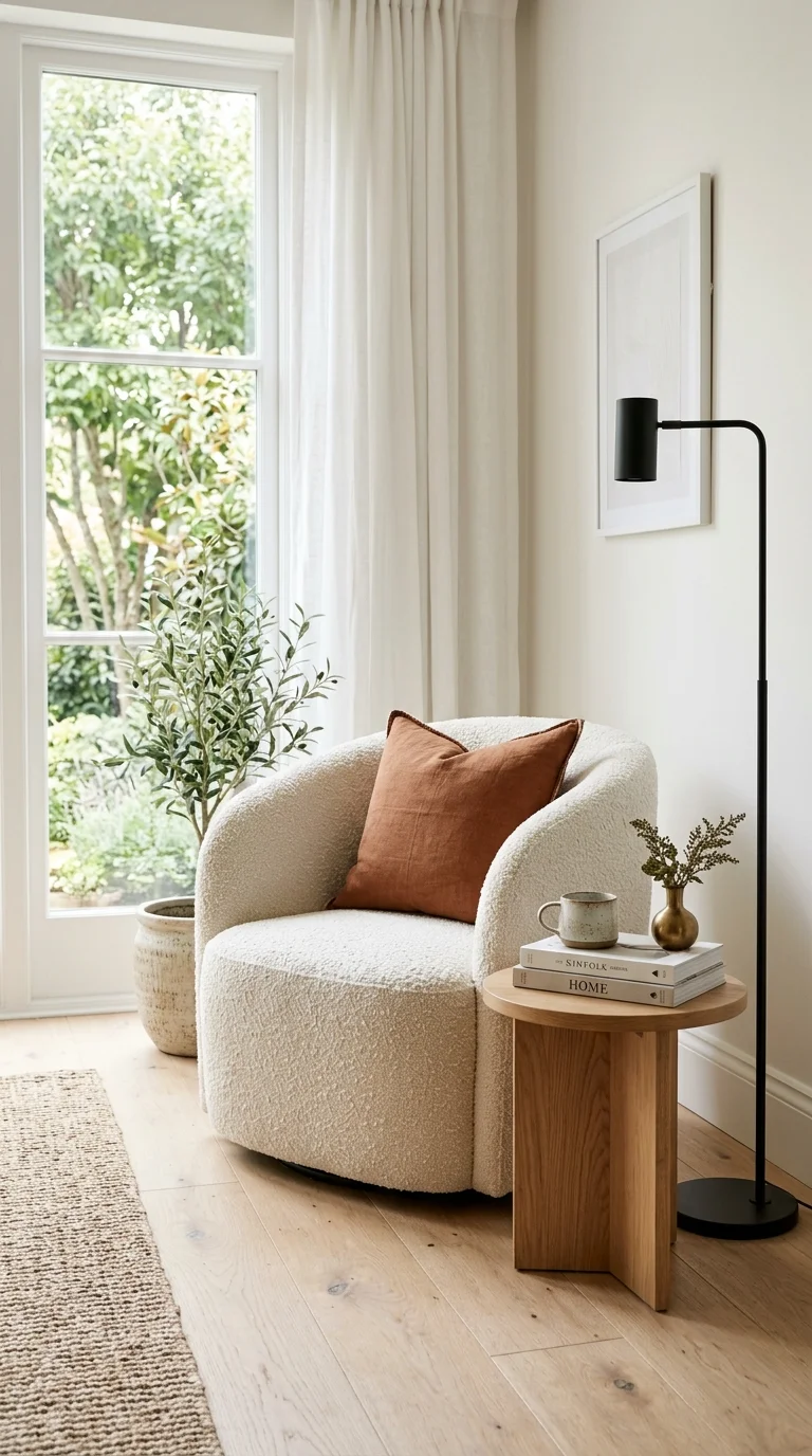 027 Cream Boucle Chair A cream boucle barrel chair ang
