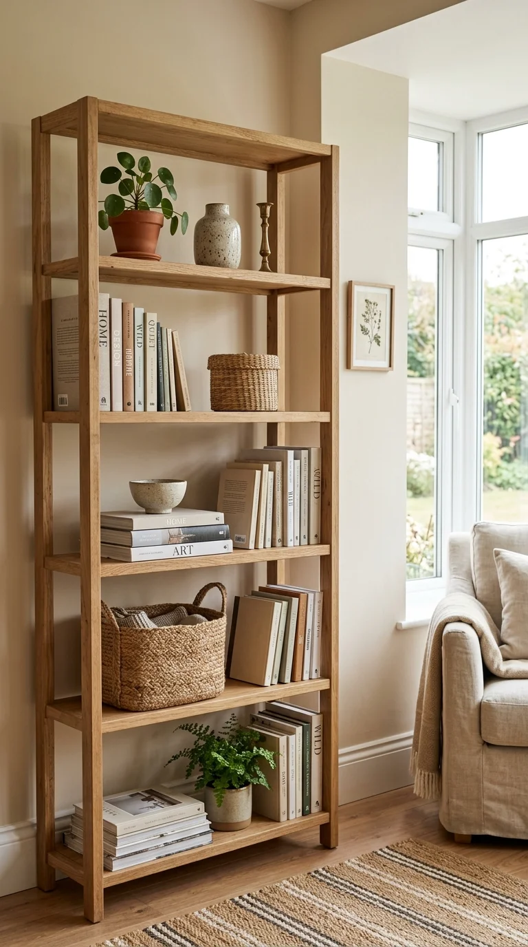 031 Wood Bookshelf Styling An open oak bookshelf style