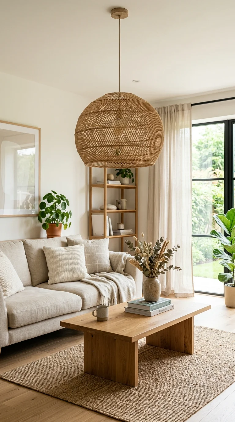 032 Woven Pendant Light A large round rattan pendant l