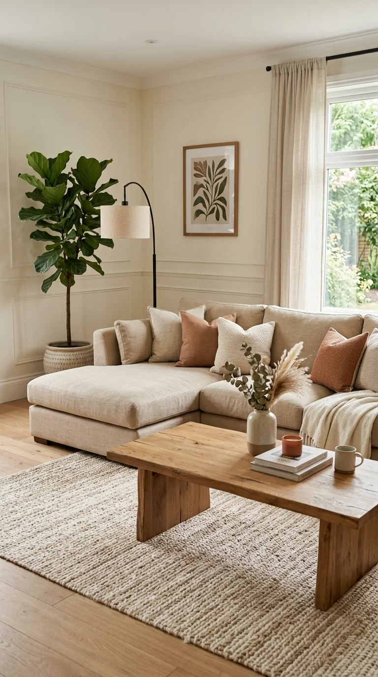 033 Sandy Beige Sectional A large sandy beige linen se