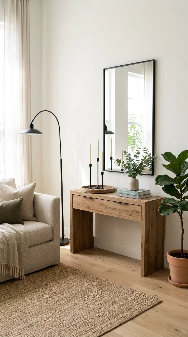035 Black Iron Accents A wood console with a black met