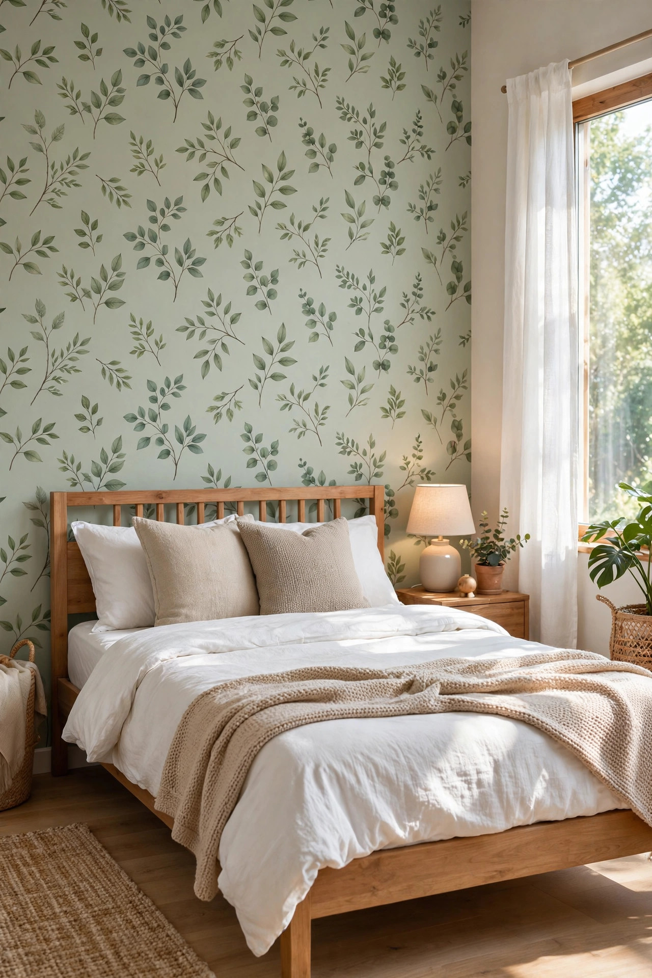 Bedroom with sage botanical peel and stick wallpaper accent wall behind a wooden bed with white bedding.
