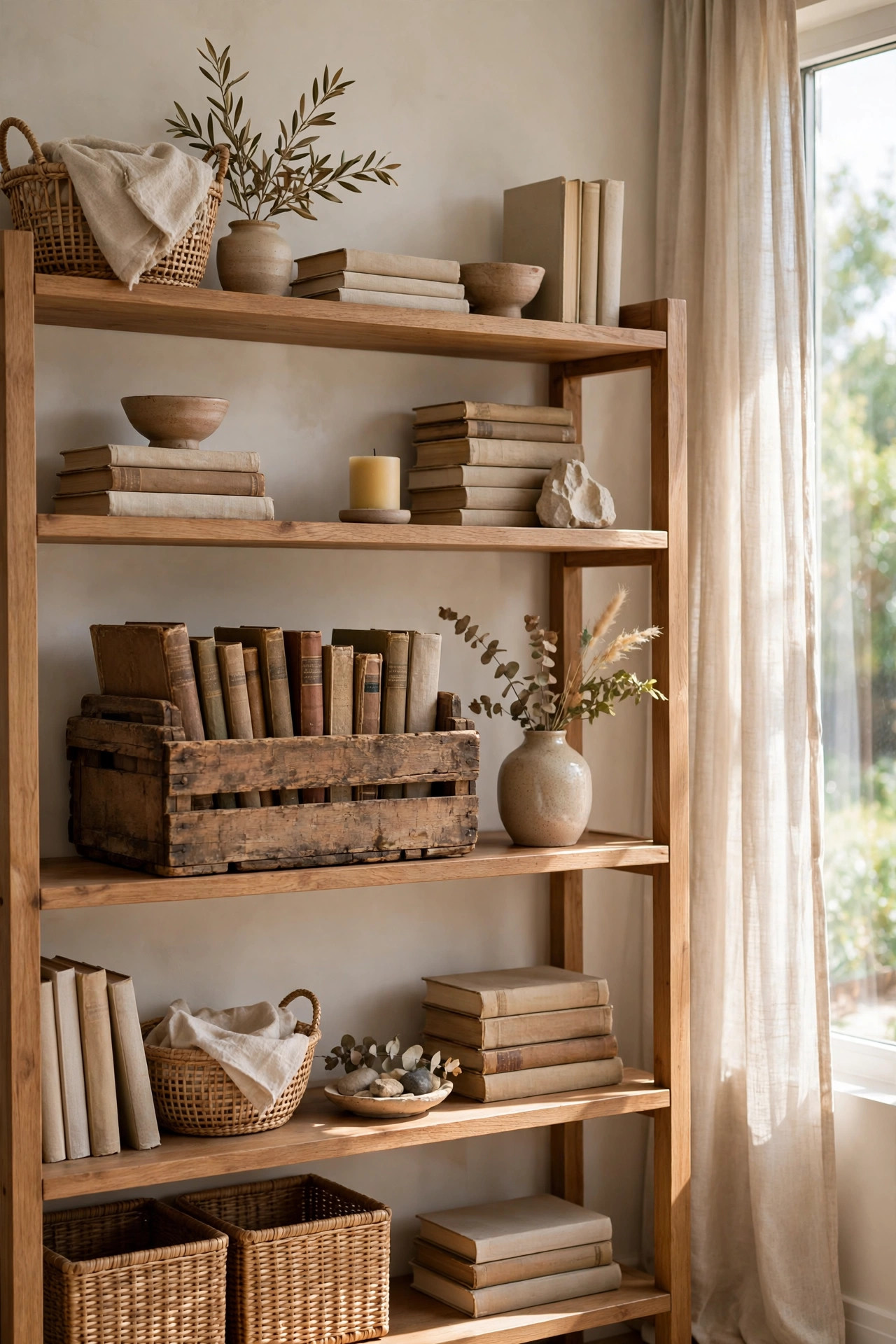 Aged wooden crate on a bookshelf holding old books with a small vase beside it