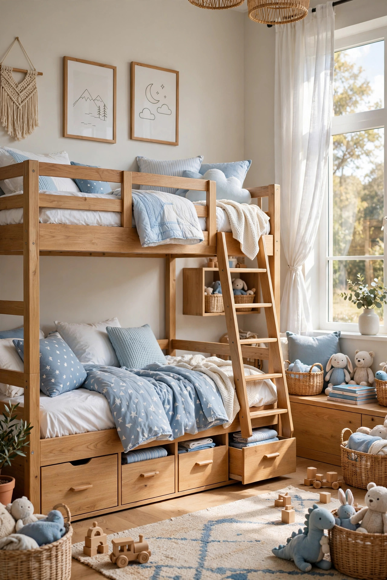 Bunk bed with built-in storage drawers in a bright shared kids bedroom.
