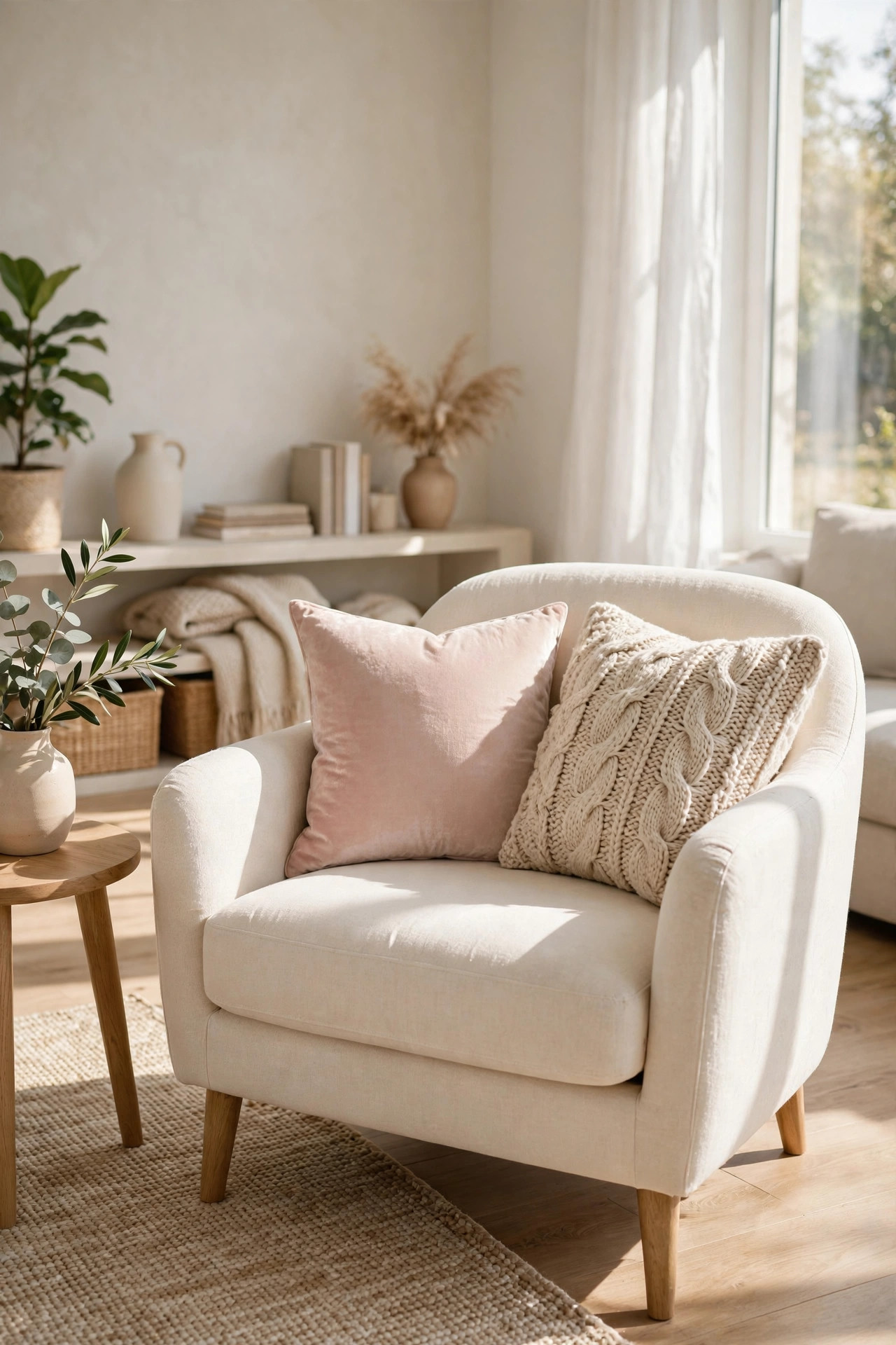Cozy living room sofa styled with a cream chunky knit pillow and an ivory velvet pillow in bright daylight