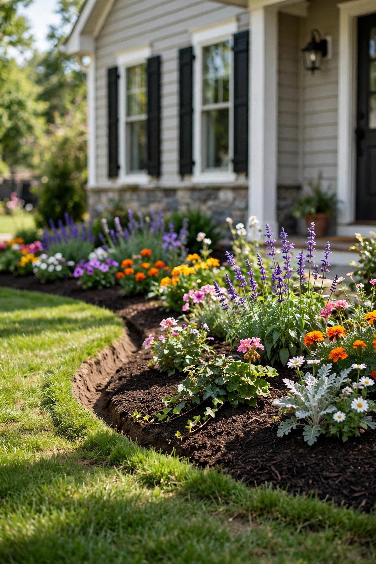 Small Front Yard Landscaping Ideas With Big Impact 2 Curved flower bed edge cut as a clean trench between lawn and mulch in a small front yard.
