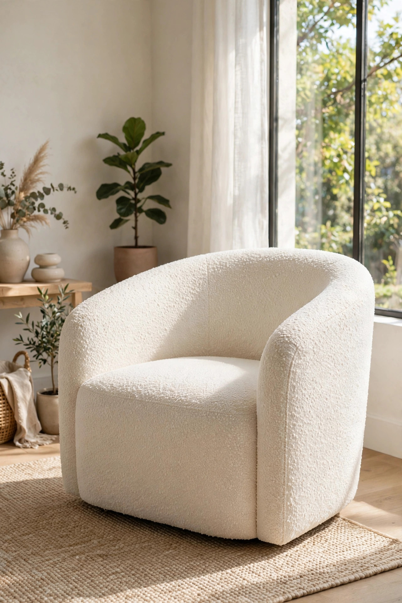 Curved boucle chair by window