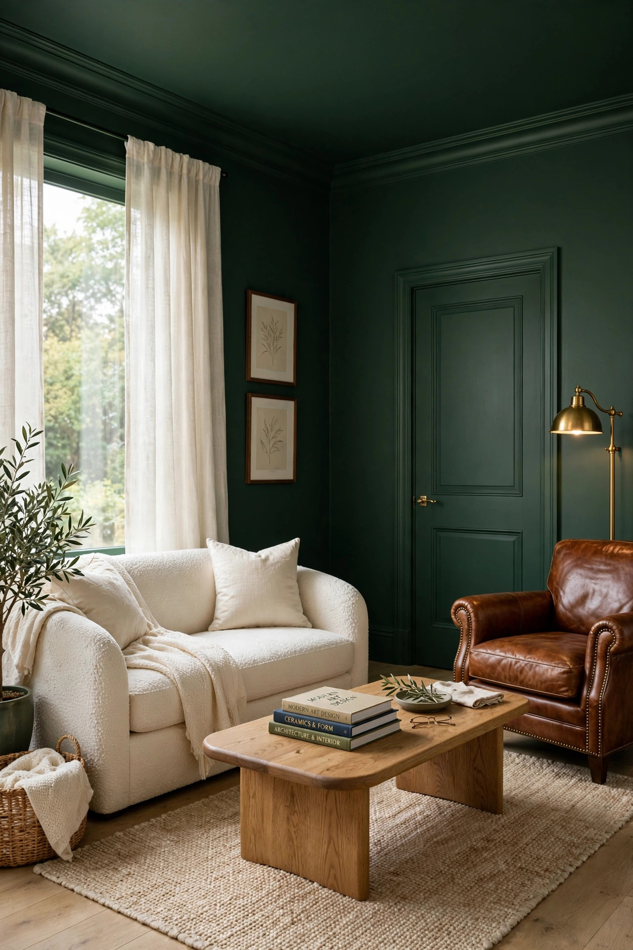 Deep forest green living room with color drenched walls, ceiling and trim