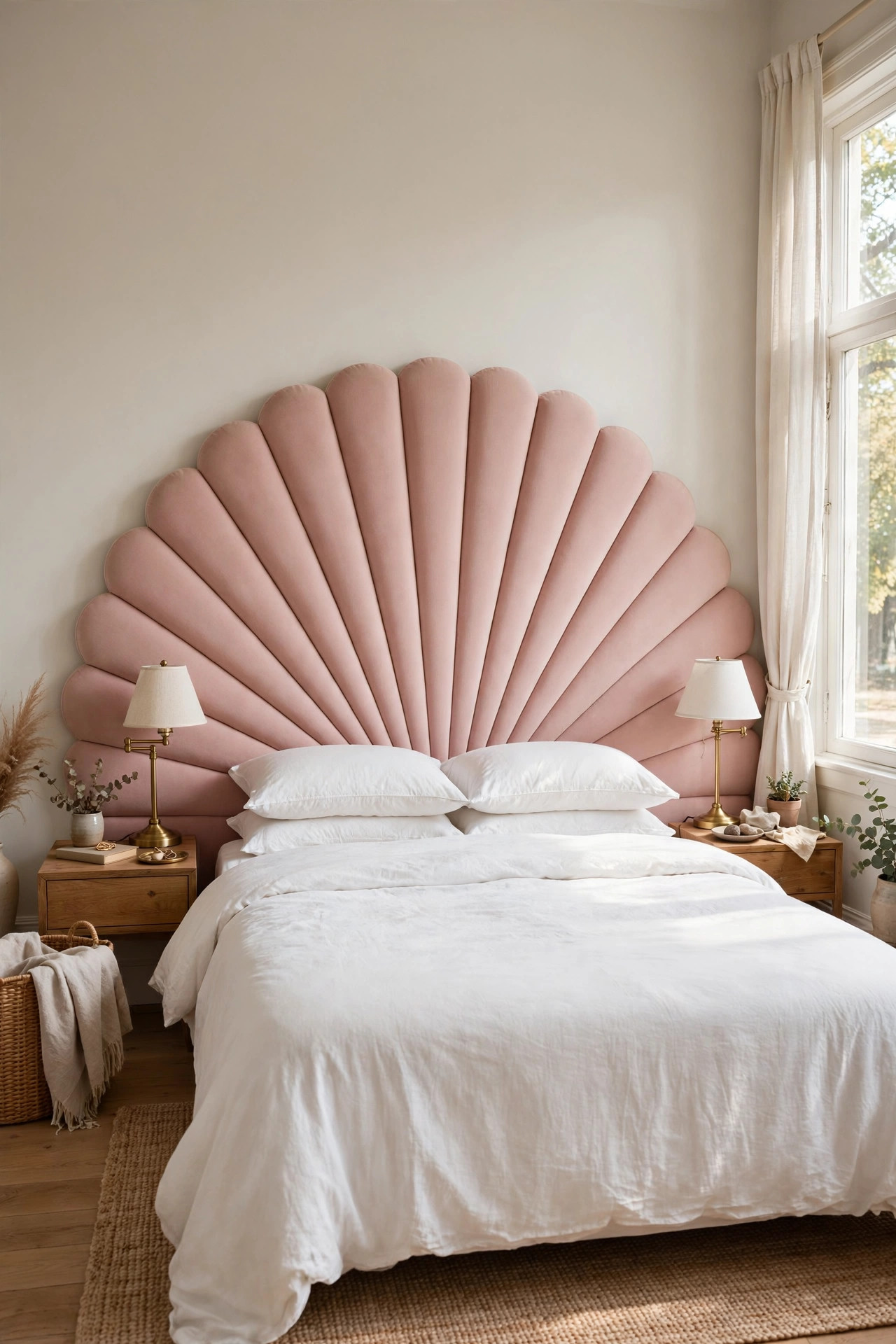 17 Art Deco Bedroom Ideas With a Modern Twist 2 A bright bedroom with a fan shaped blush pink upholstered headboard and brass bedside lamps.