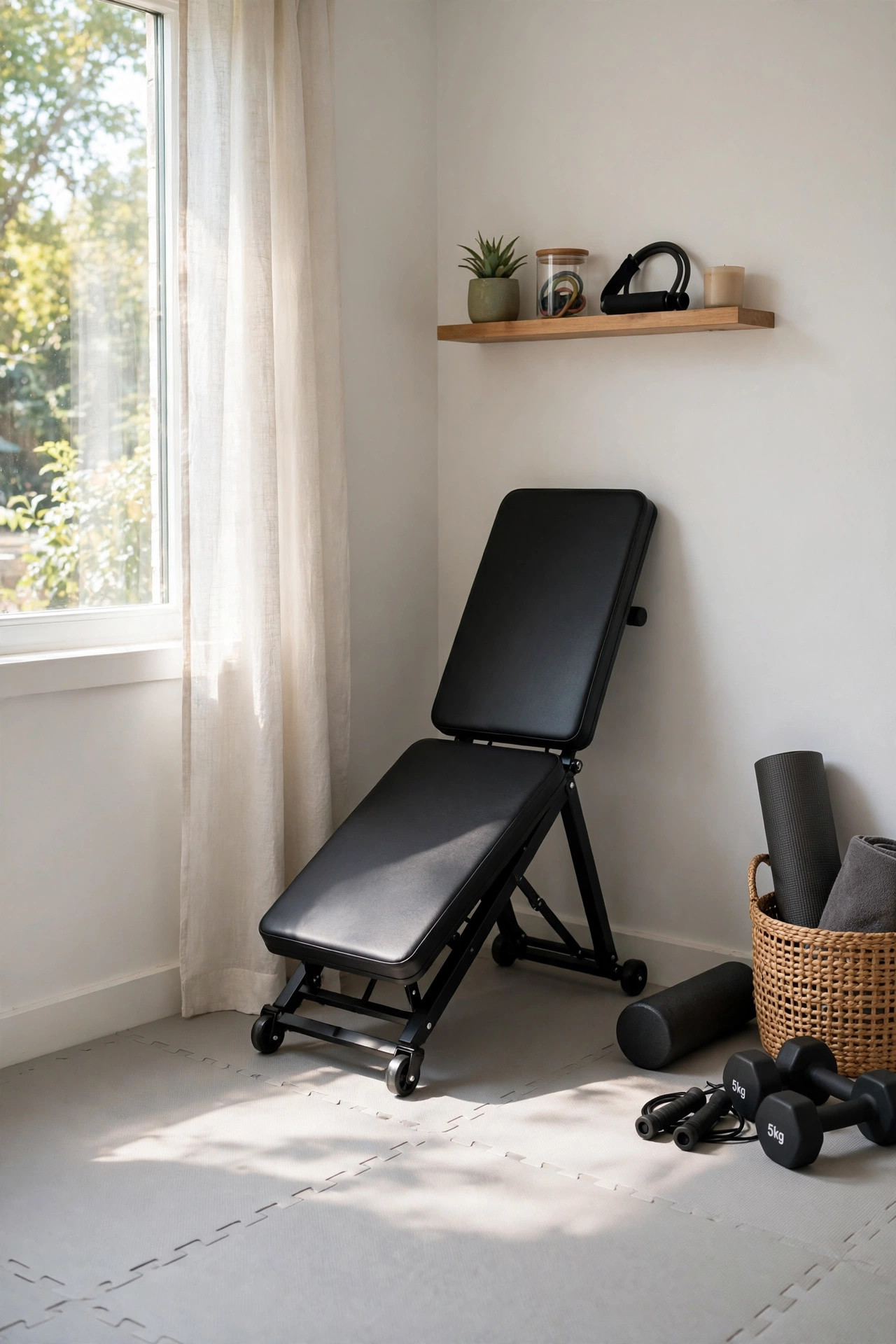 17 Small Home Gym Ideas That Fit in Any Corner 2 Foldable workout bench half folded in a compact bedroom gym corner