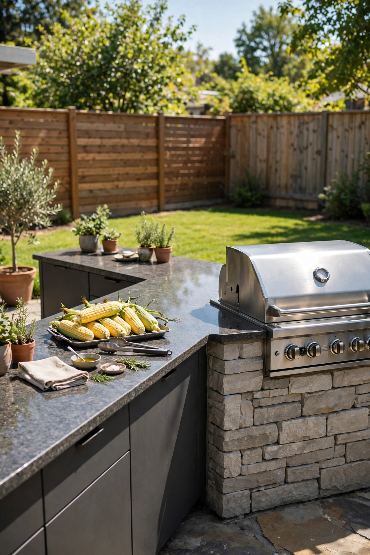 L shaped stone outdoor kitchen counter with a built in stainless steel grill in a sunny backyard