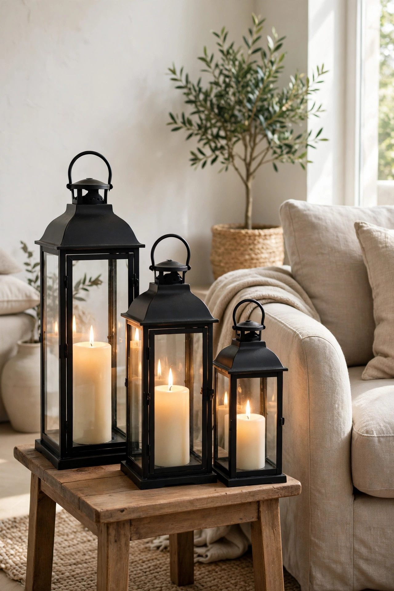 Three black metal lanterns with glowing pillar candles on a wooden side table next to an armchair