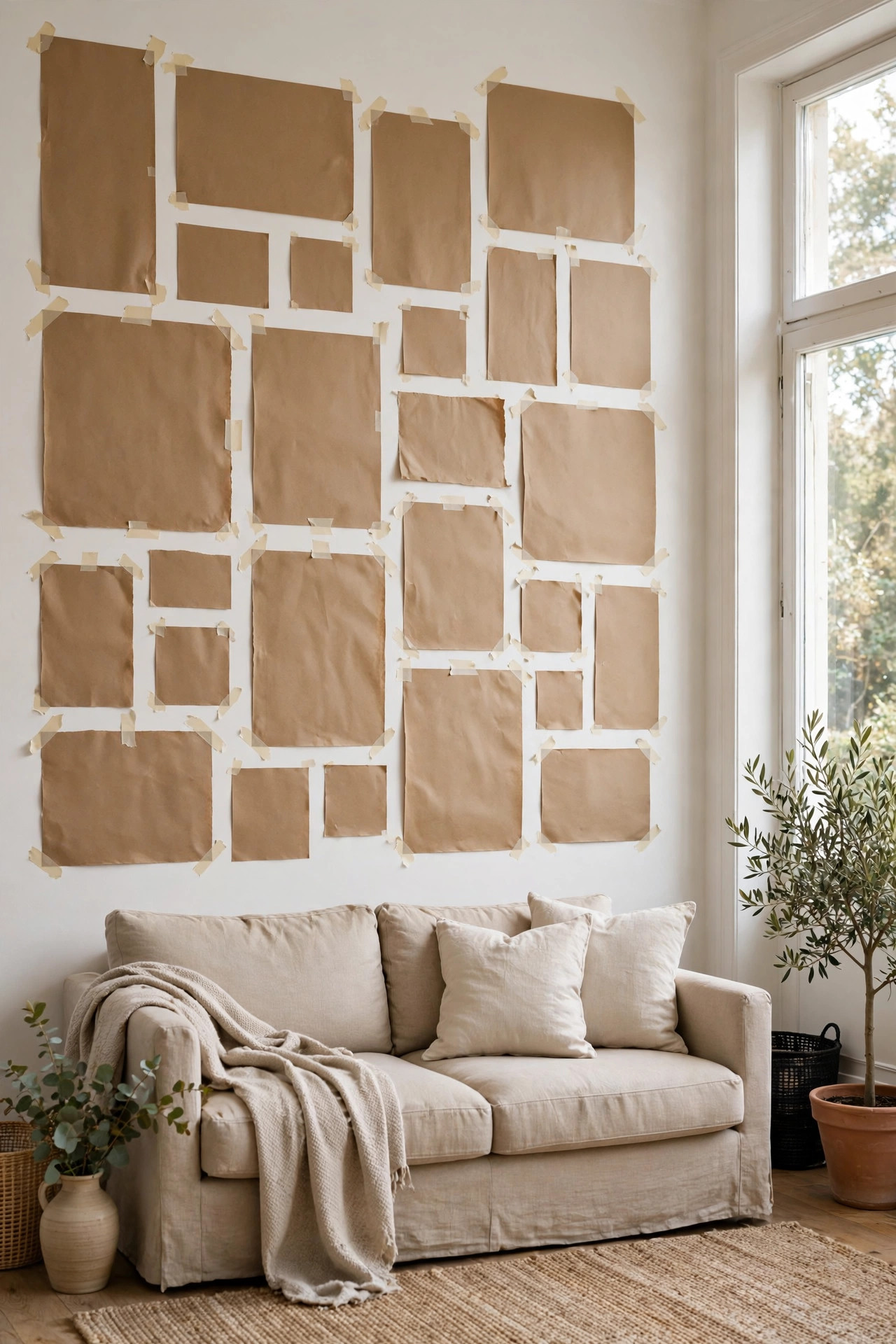15 Gallery Wall Ideas That Look Curated, Not Cluttered 2 Brown paper cutouts taped on a white living room wall show a planned frame layout above a beige sofa.