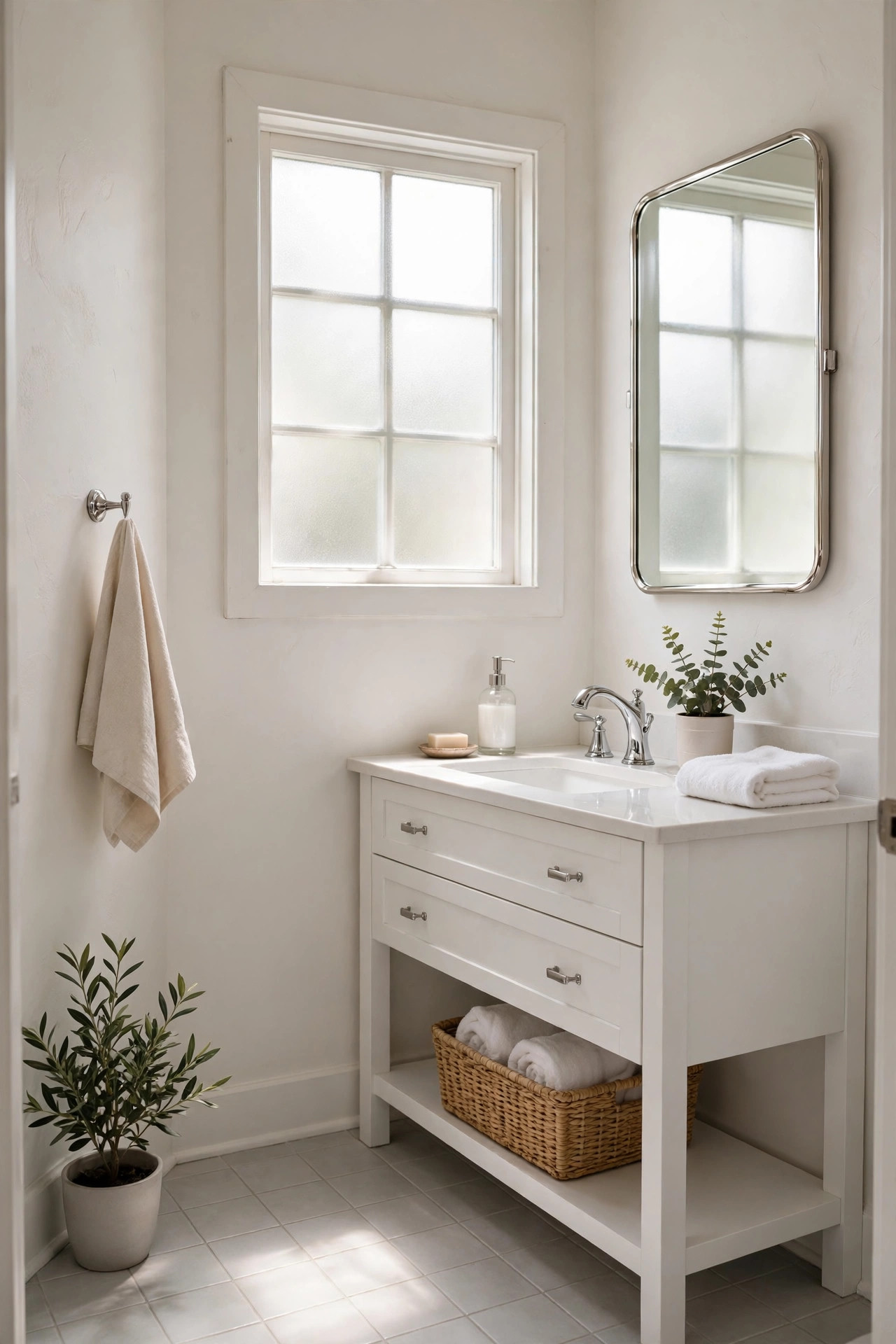 Small bathroom with soft warm white walls and bright daylight from a frosted window.