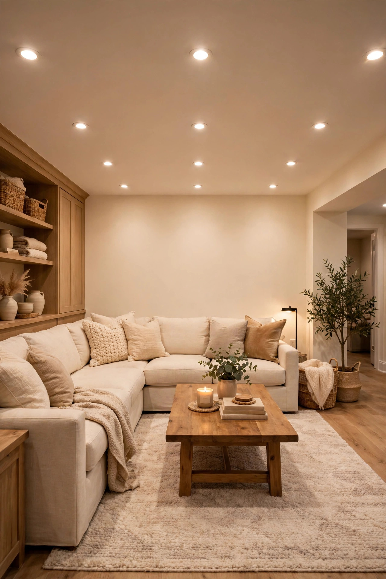 A bright basement family room with warm recessed ceiling lights glowing over a beige sectional sofa and wooden coffee table.