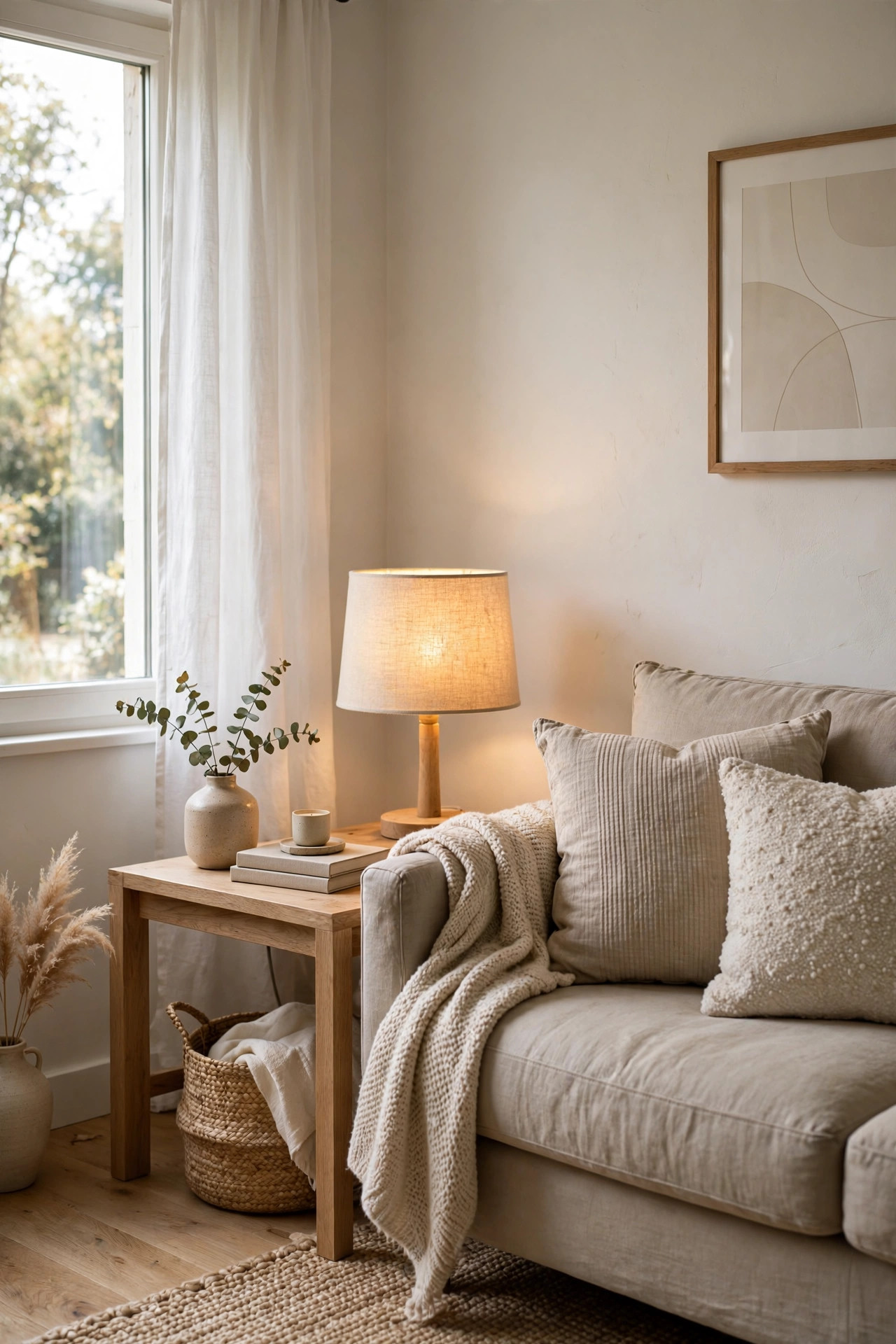 Small table lamp with a natural linen shade glowing warm beside a beige sofa