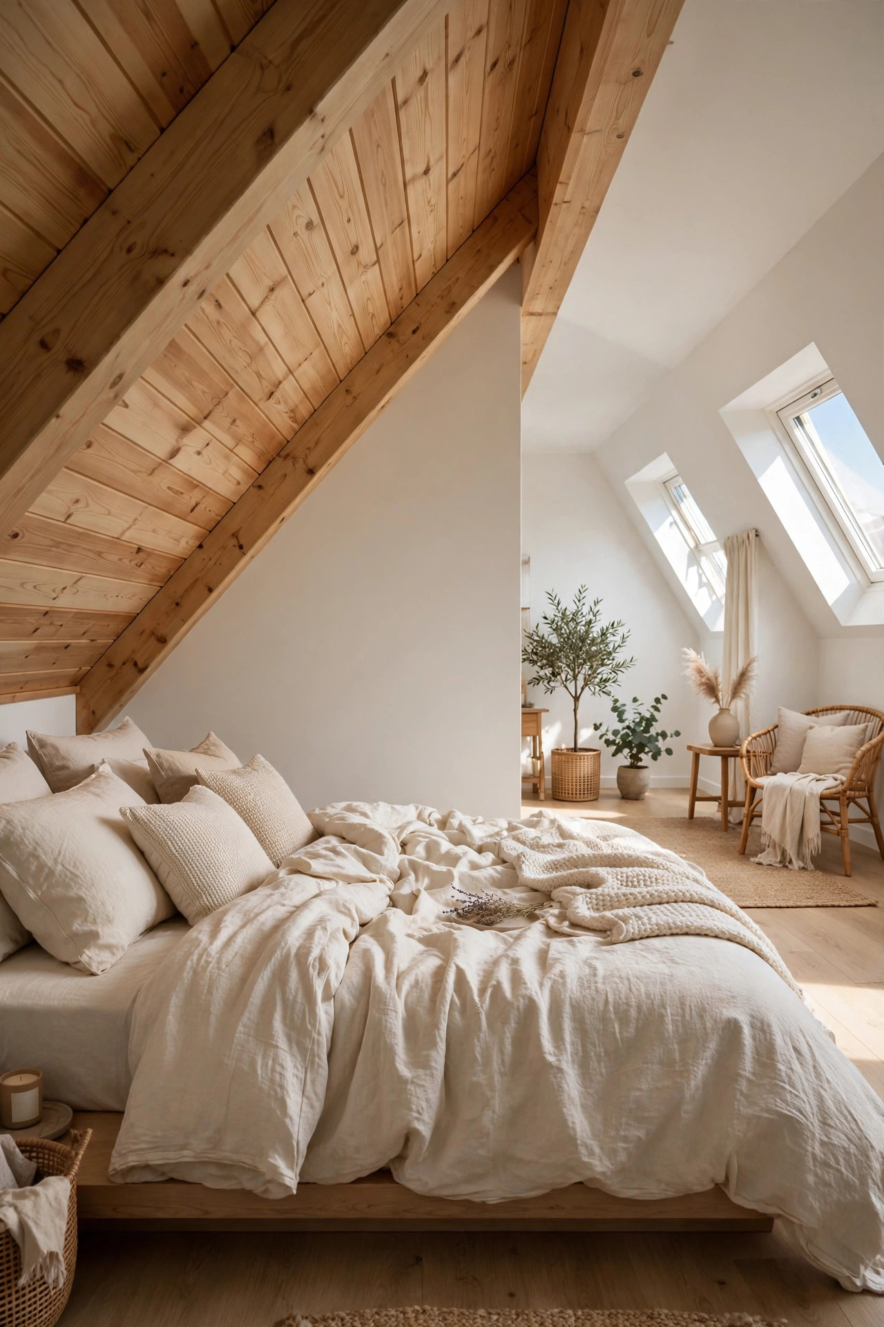 A low profile bed tucked under sloped attic eaves with cozy layered bedding.