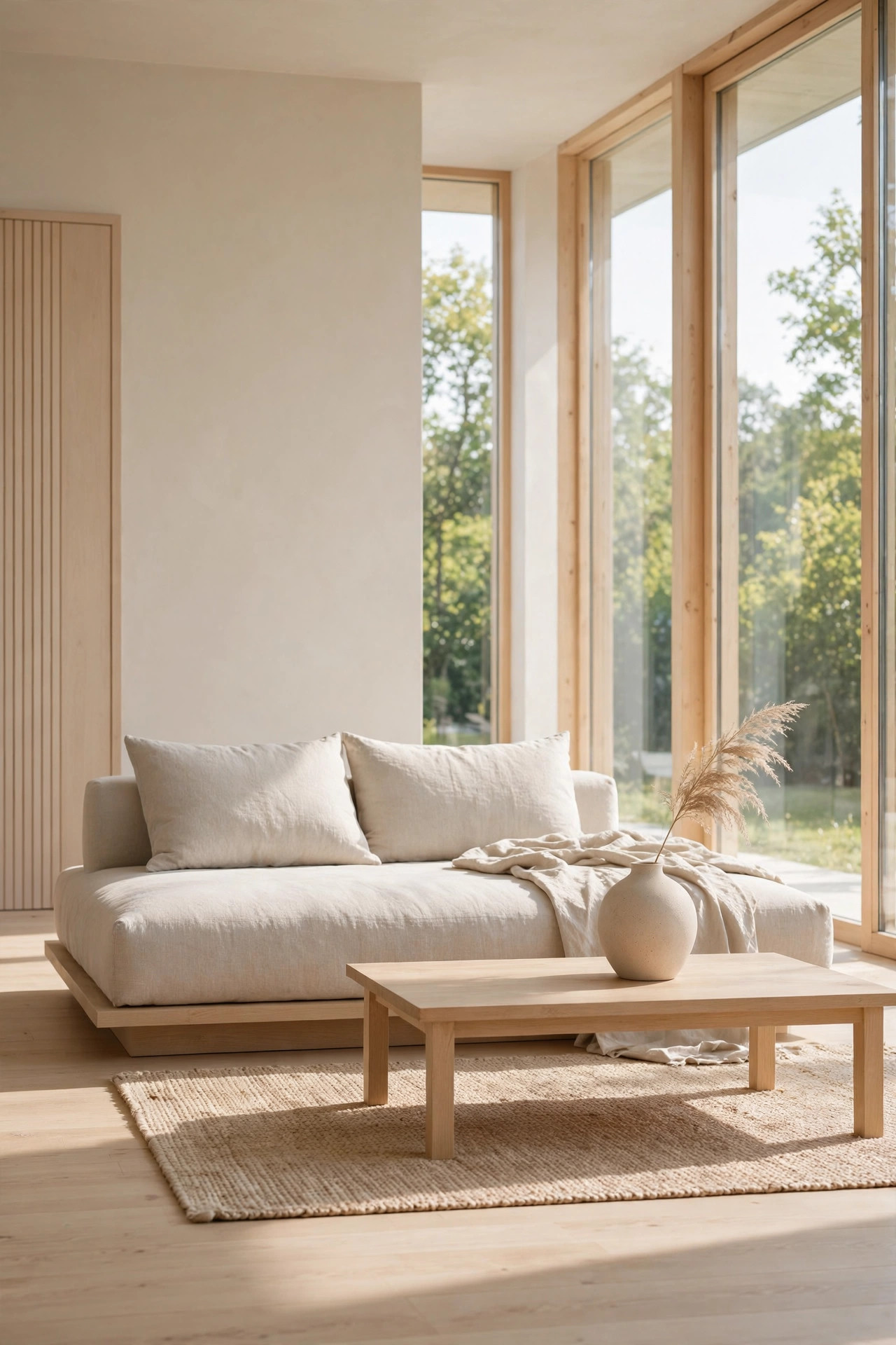 Low-profile platform sofa in oatmeal linen in a serene Japandi living room
